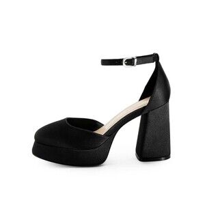 Modatope Women's Black Satin Platform Chunky Block Heel Platform Pump‎ Size 8
